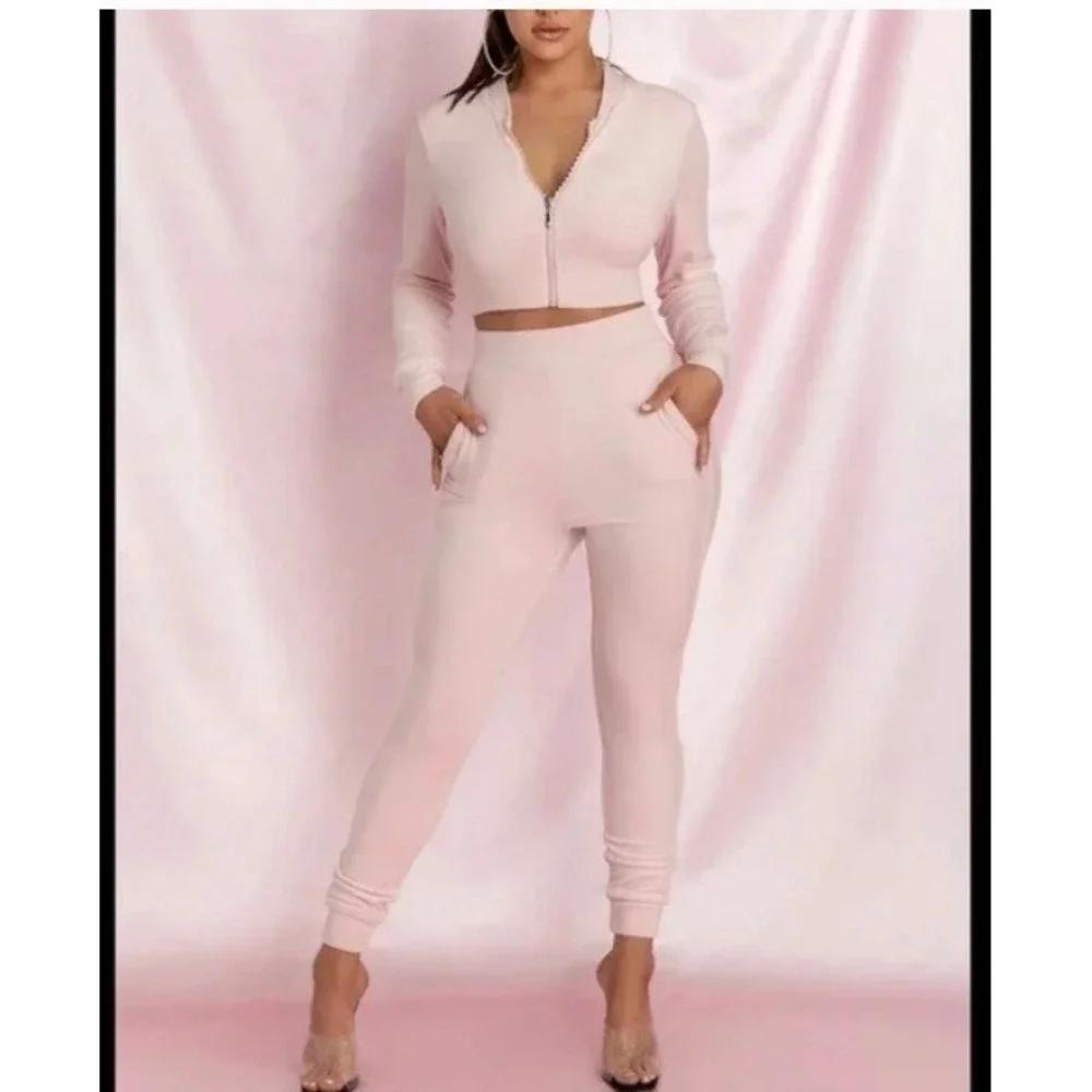 Y2K Pink Velvet Velour 2 pc Tracksuit Bling Crop Jacket‎ Top L & M Sweat Pants
